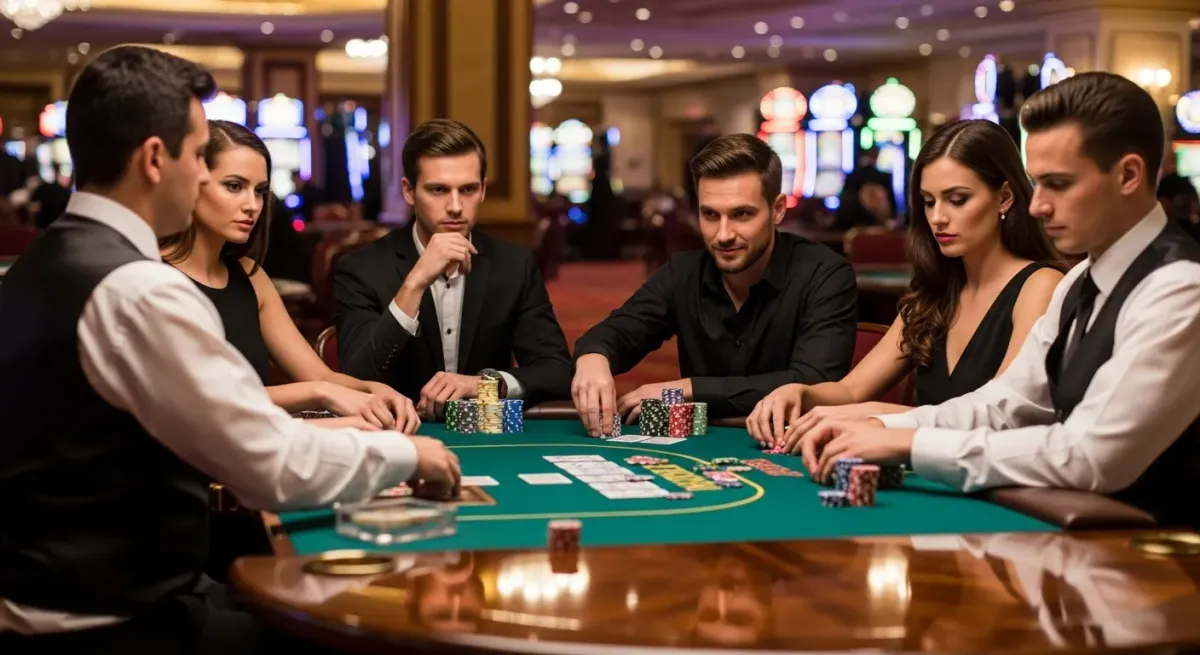 casino score Elegant poker players with chips at the casino table