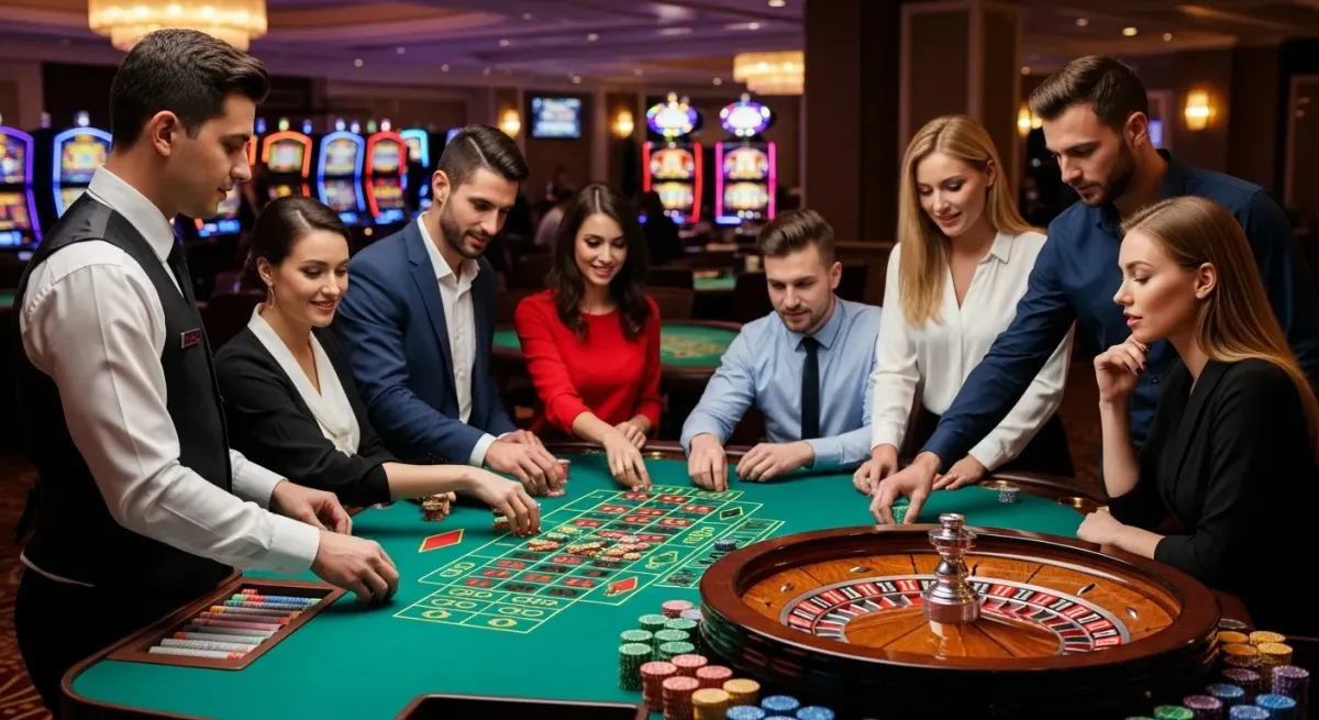 casino score Players and dealers at the casino roulette table