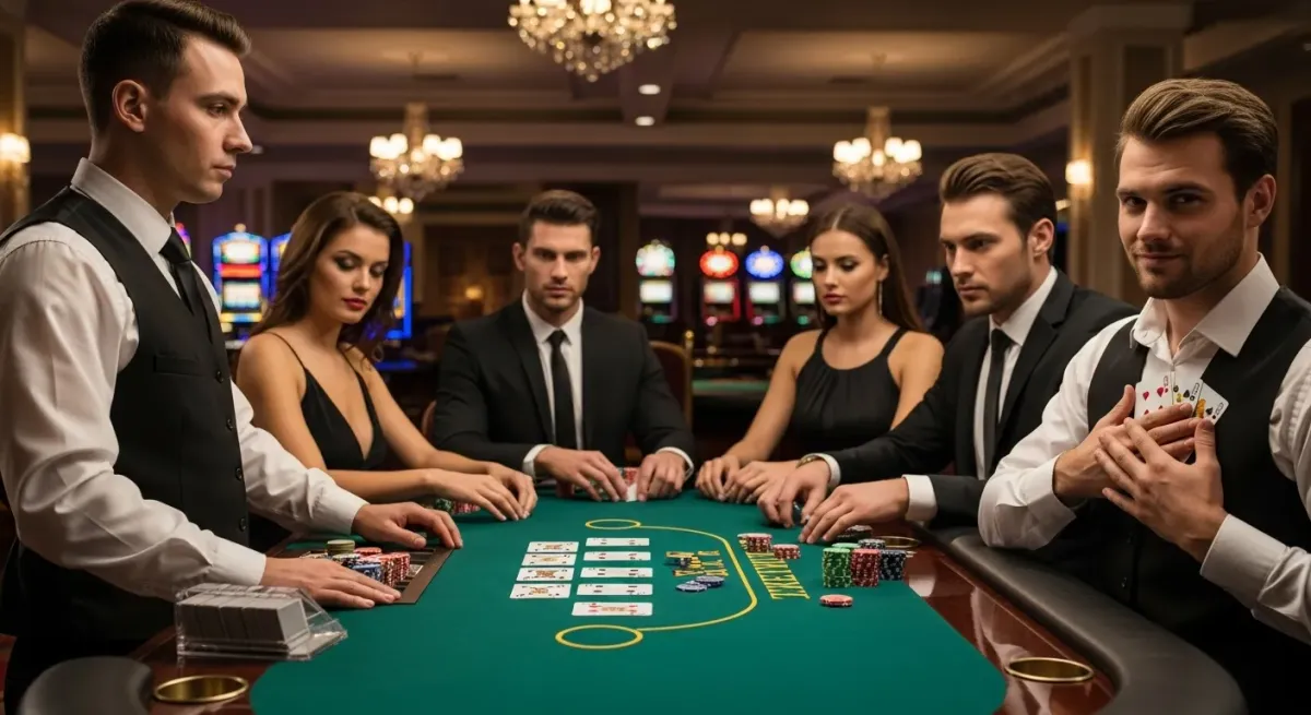 Casino Score Poker game with elegant players and dealer at the casino