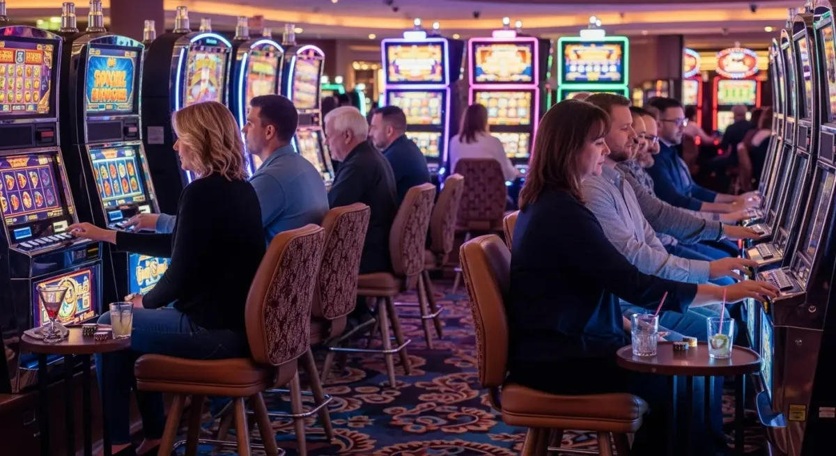 Casino Score Customers play bright slot machines in casinos