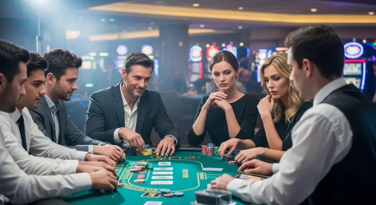 casino score People play poker with chips on a green casino table