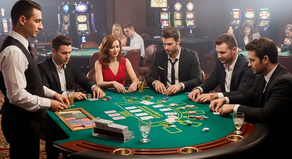 casino score Players and dealers at the blackjack table in a casino